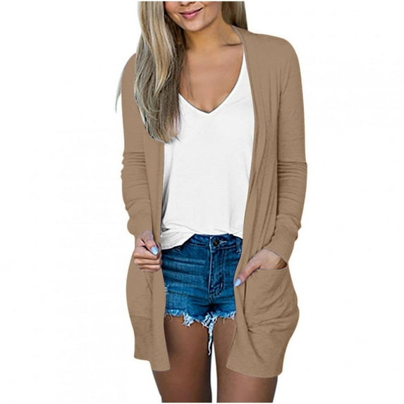 Knosfe Light Brown Cardigan Sweaters for Women Long Fall Open Front Cute Cardigan Women Long Sleeve Casual Cardigan for Dresses for Women with Pockets 5XL