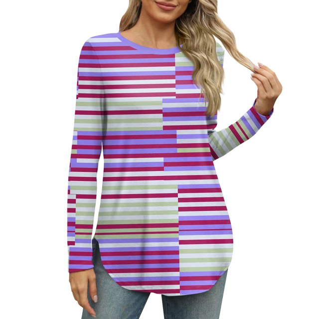 Knosfe Long Sleeve Striped Tops for Women Fall Side Split Shirts Crew