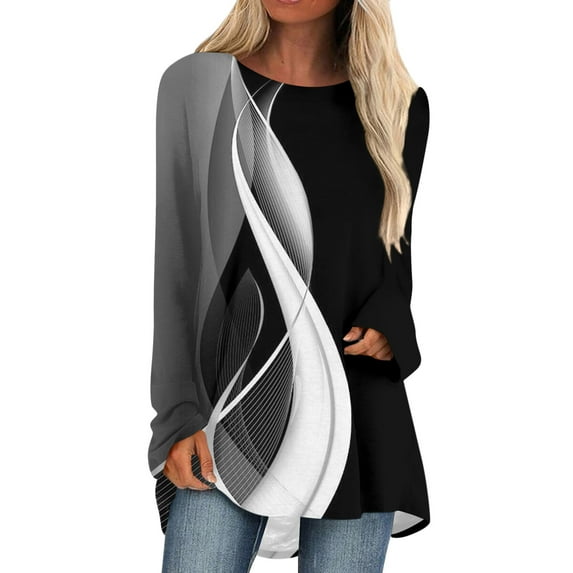 Knosfe Long Sleeve Tunic Tops To Wear with Leggings Crewneck Winter Loose Fit Geometric Shirts Workout Fall Fashion Blouses Tops Clearance Casual Going Out Tops for Women