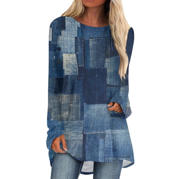 Knosfe Long Sleeve Tunic Tops To Wear with Leggings Crewneck Winter Loose Fit Geometric Shirts Workout Fall Fashion Blouses Tops Casual Going Out Tops for Women