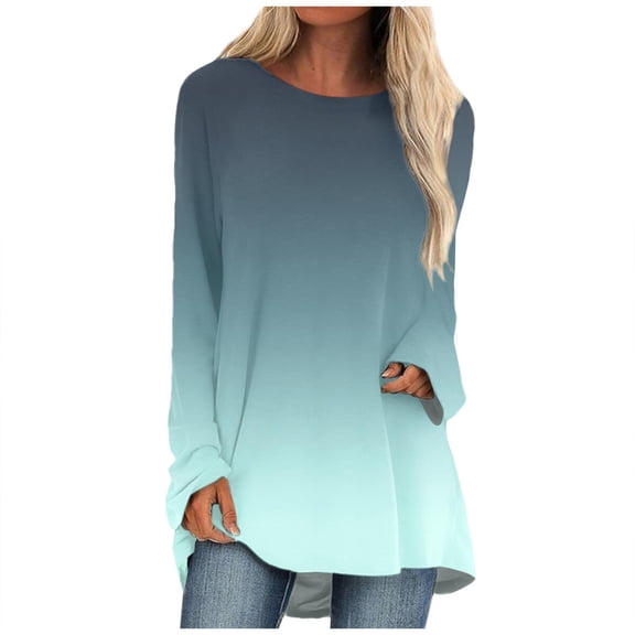 Knosfe Long Sleeve Tunic Tops To Wear with Leggings Crewneck Winter Loose Fit Gradient Shirts Workout Fall Fashion Blouses Tops Casual Going Out Tops for Women