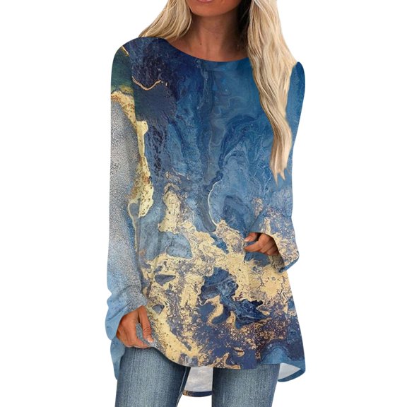Knosfe Long Sleeve Tunic Tops To Wear with Leggings Crewneck Winter Loose Fit Marble Print Shirts Workout Fall Fashion Blouses Tops Casual Going Out Tops for Women