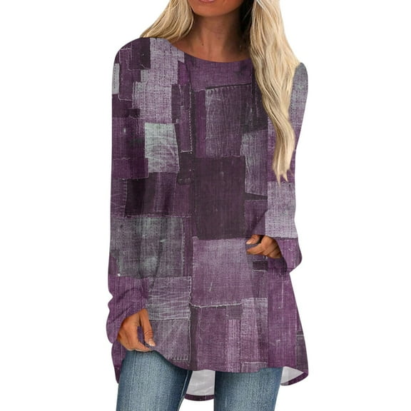 Knosfe Long Sleeve Tunic Tops To Wear with Leggings Crewneck Winter Loose Fit Geometric Shirts Workout Fall Fashion Blouses Tops Casual Going Out Tops for Women