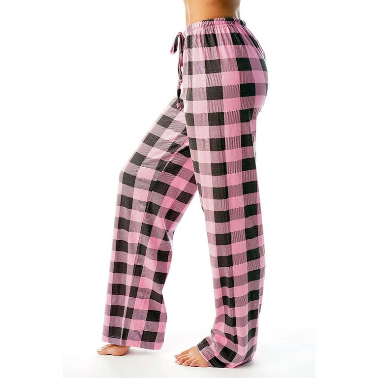 Knosfe Lounge Pants Plaid Buffalo High Waist Pajama Pants Fuzzy Winter Long  Pj Pants for Teen Girls Flannel Y2k Wide Leg Pajama Bottoms Pink L