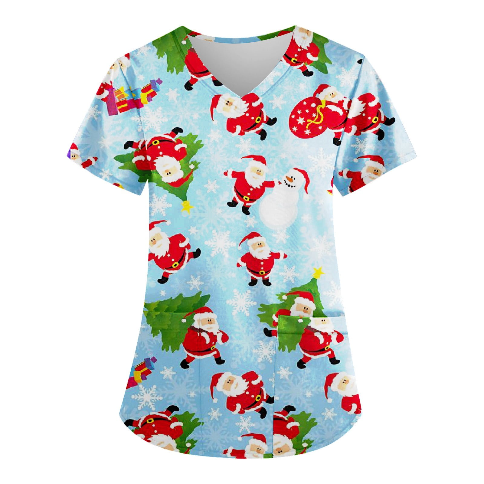 Knosfe Maternity Scrub Top Santa Claus V Neck Short Sleeve Scrubs Women