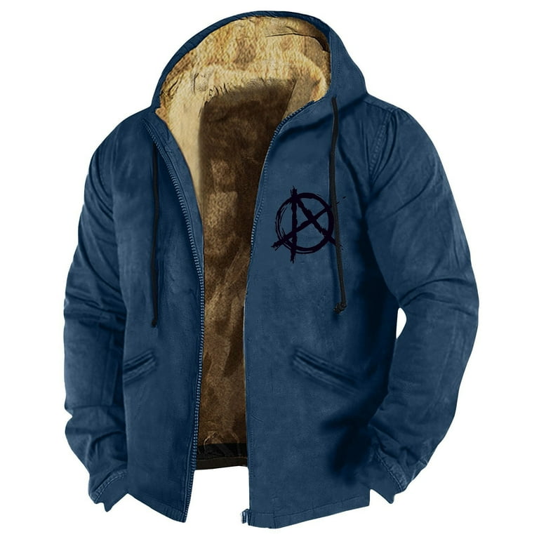Knosfe Men Casual Coat Long Sleeve Hooded Sherpa Lined Men s Jackets Fleece Graphic Full Zip Hoodie Mens Warm Thick Winter Vintage Heavyweight Men Jacket Navy 5XL Walmart