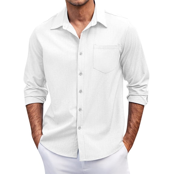 Knosfe Men's Casual Button Down Shirts Long Sleeve Untucked Shirts Regular Fit Linen Shirt White L
