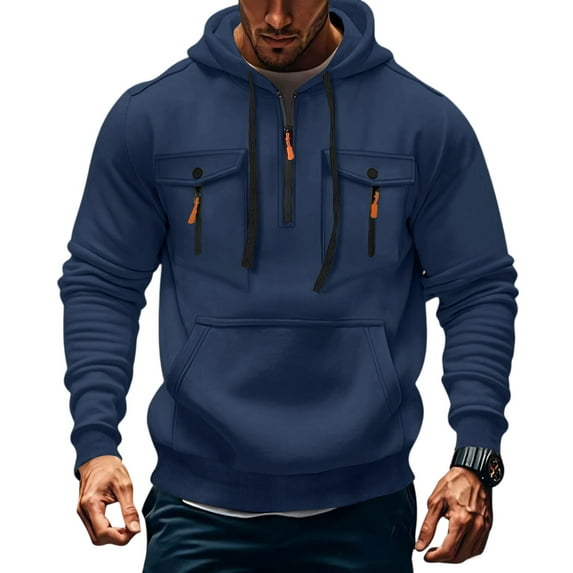 Knosfe Mens Jackets Sweatshirt Military Quarter Zip Workout Long Sleeve Pullover Outdoor Hooded Drawstring Cargo Hoodies with Pockets Navy L