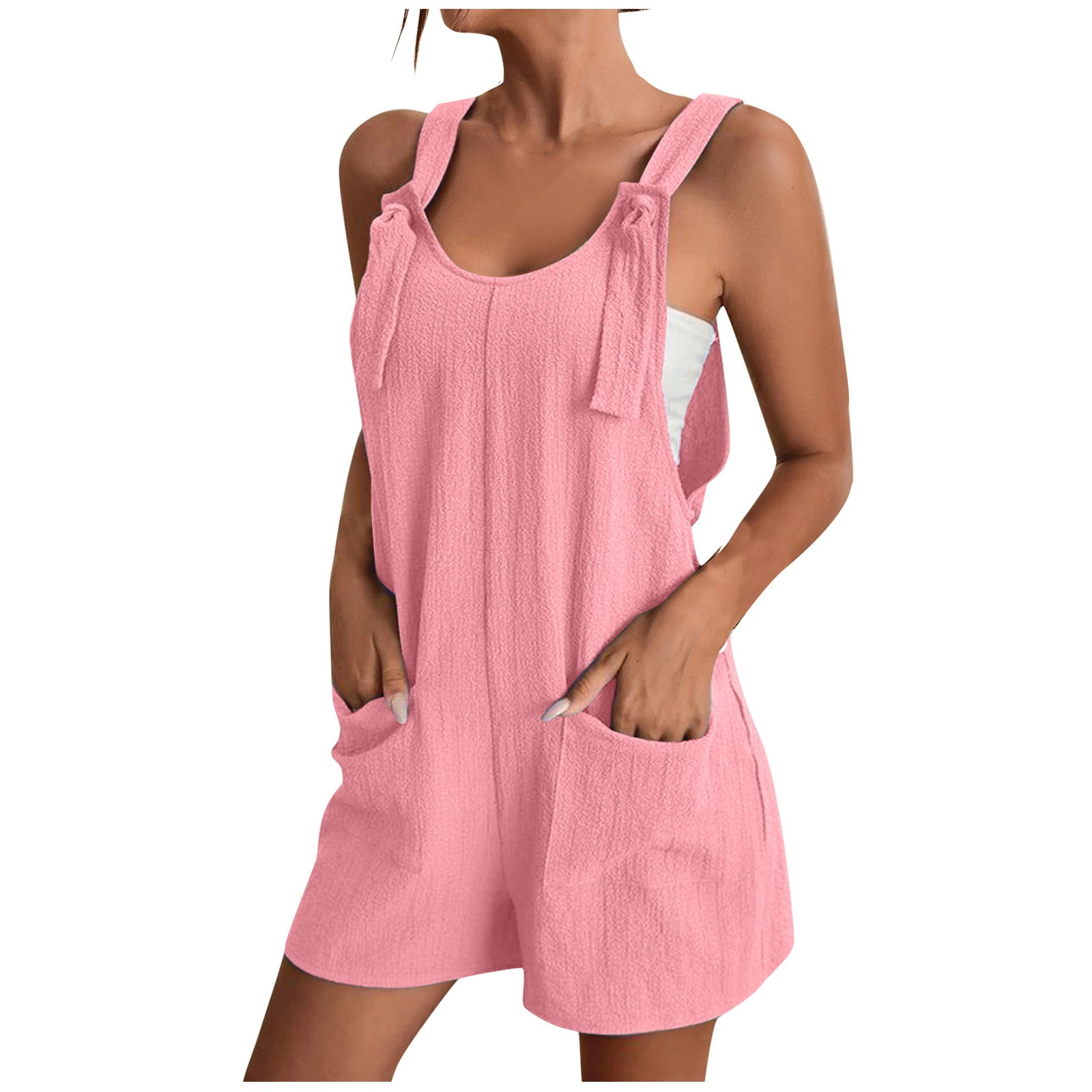 Knosfe Overall Dress for Women Adjustable Straps Casual Fashion Overalls Pinafore Short Dresses with Pockets Pink L