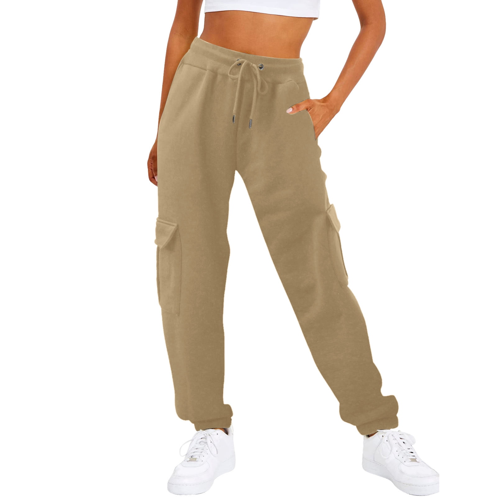 Knosfe Petite Sweatpants with Pockets Fleece Lined High Waist Joggers  Athletic Cargo Pants Straight Leg Lounge Cargo Sweatpants Long Baggy Casual