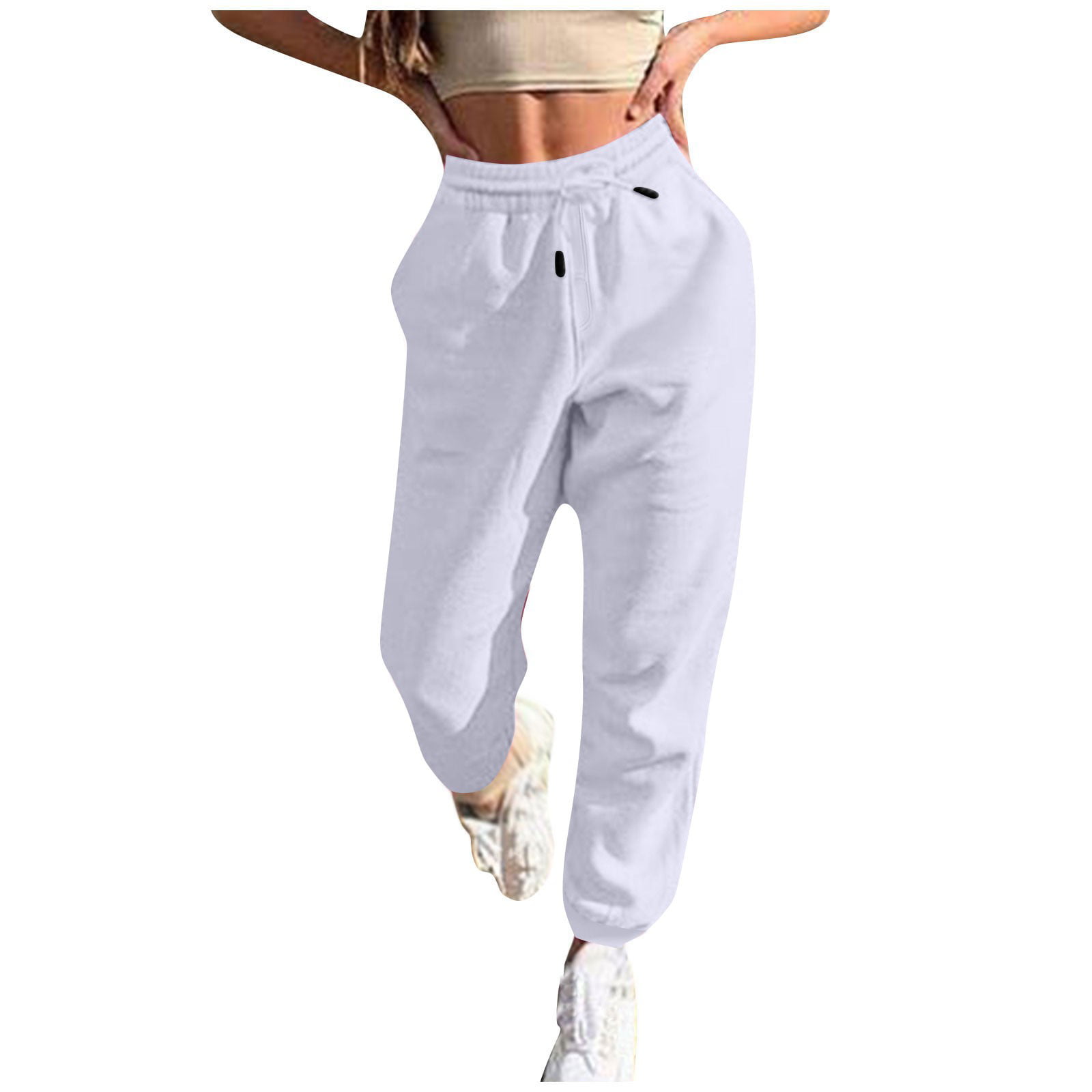 Knosfe Petite Sweatpants for Women with Pockets High Waist Wide-Leg Baggy  Sports Women’s Pants Drawstring Loose Long Joggers Women Trouser Pants  White
