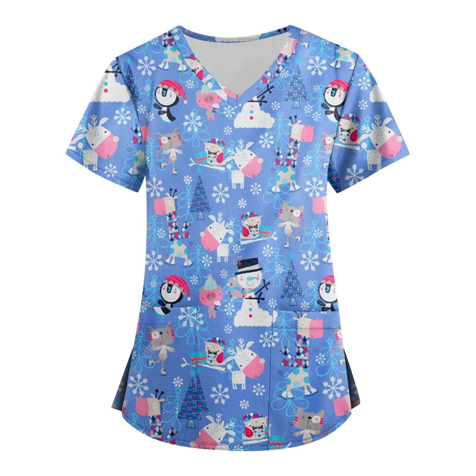 Knosfe Plus Size Scrub Tops V Neck Snowman Short Sleeve Plus Size