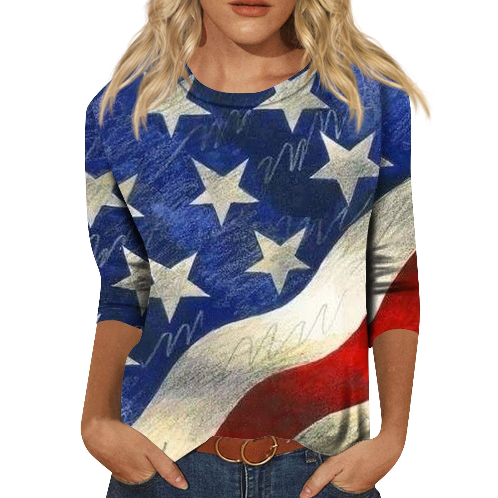 Knosfe Plus Womens Patriotic Tops American Flag 3/4 Sleeve Shirts 4th ...