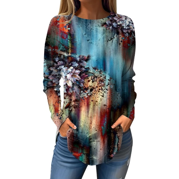 Knosfe Running Tops for Women Crew Neck Fashion Dressy Casual Plus Size Shirts for Women Fall Tie-Dye Floral Cute Long Sleeve Womens Blouses Trendy Clothes Loose Plus Size Tunics 3X