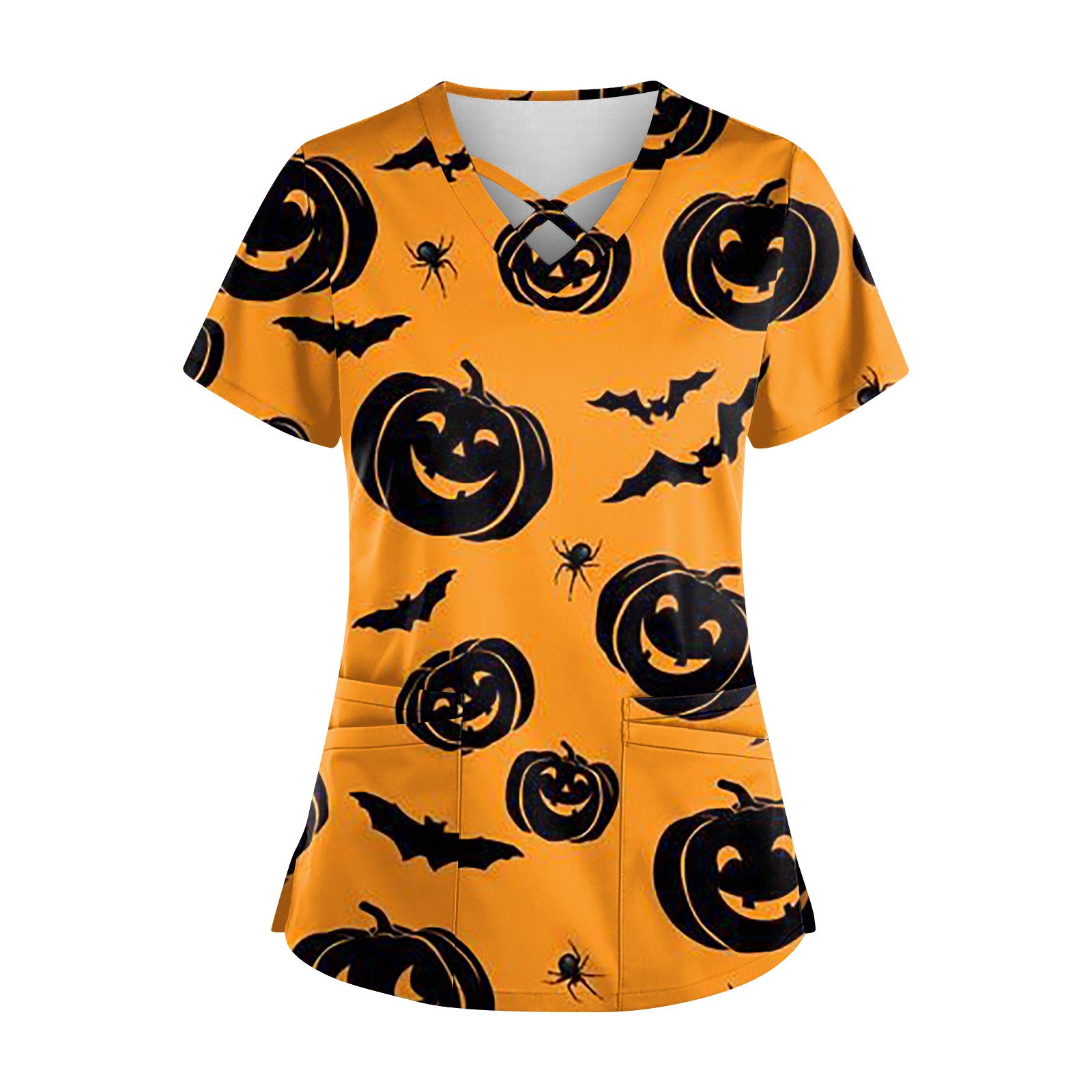 Knosfe Scrub Tops for Women Print Short Sleeve Workwear Nurse Pumpkin