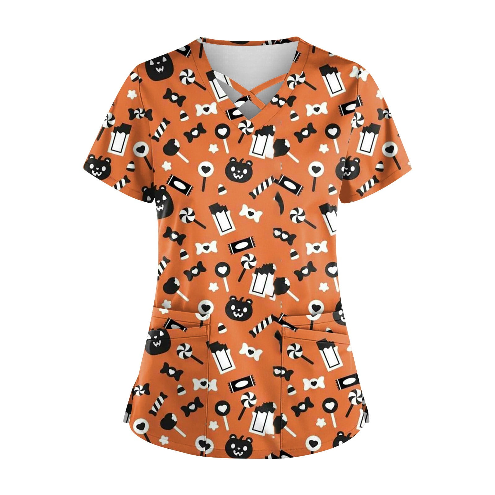Knosfe Scrub Tops for Women Workwear Pumpkin Ghost Bat Short Sleeve