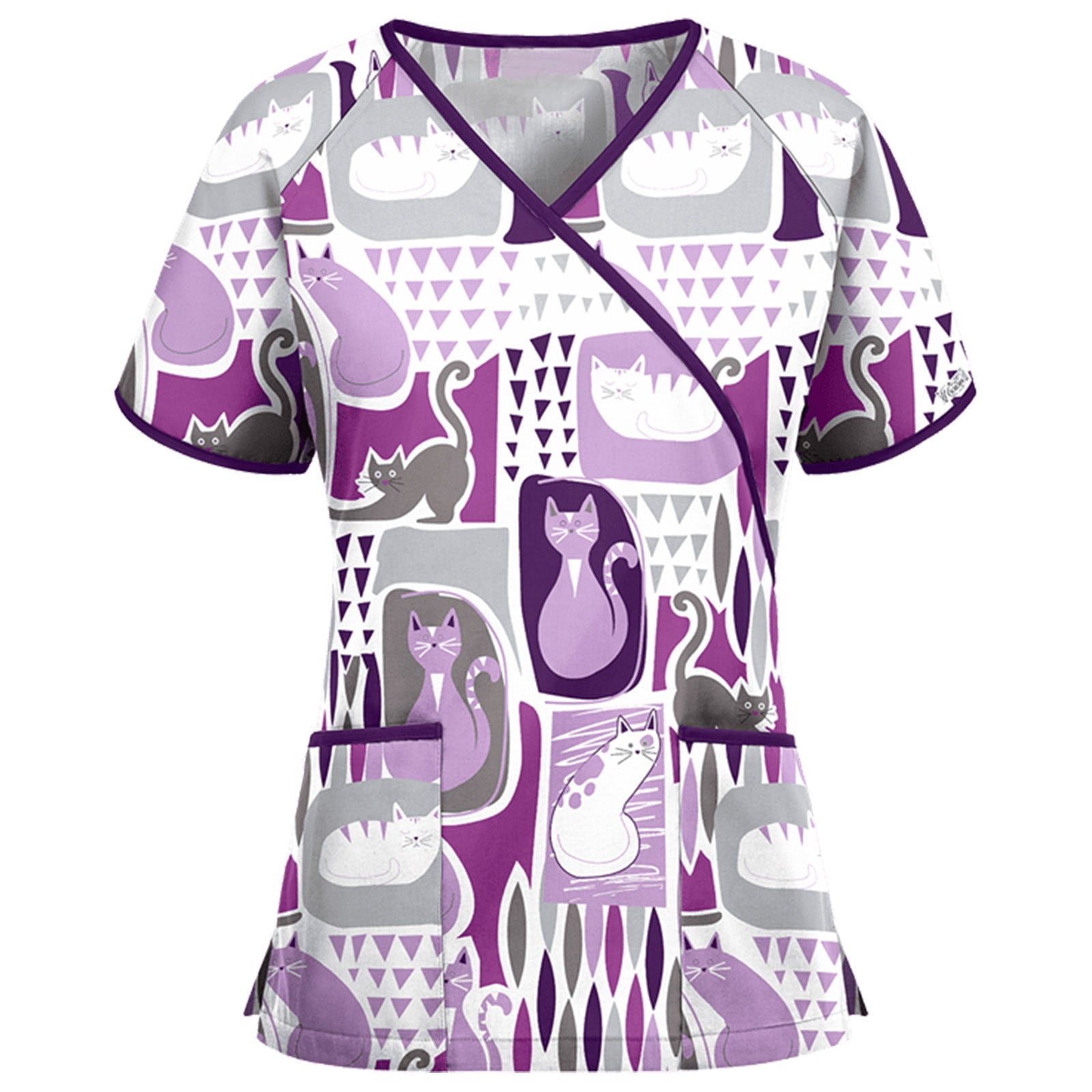 Knosfe Short Sleeve Mock Wrap Printed Scrub Tops Nursing Cartoon