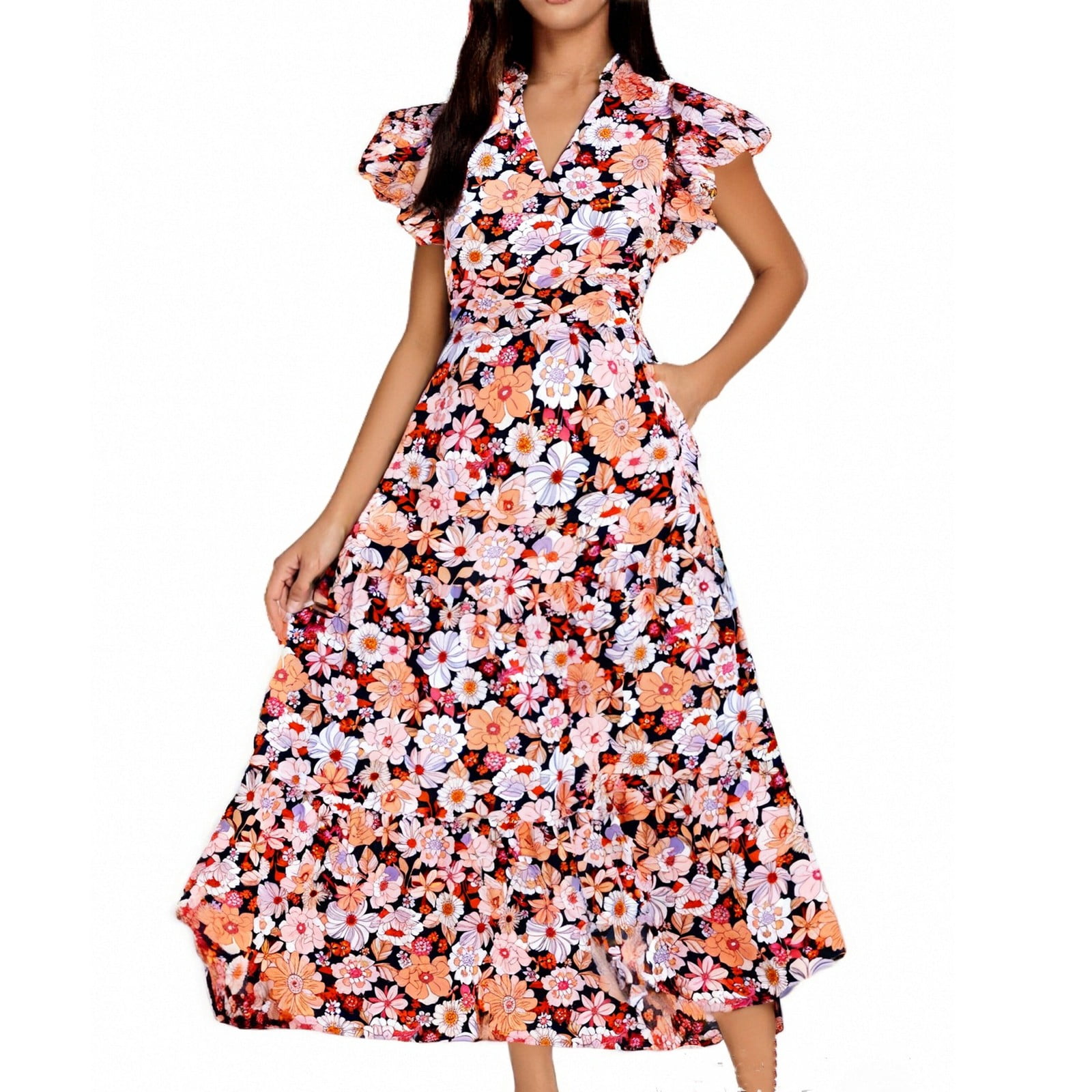 Boho Printed Summer Dress For Women - 3/4 Sleeve V-Neck Flowy Midi Dress - Casual Loose Fit Beach Vacation Dress