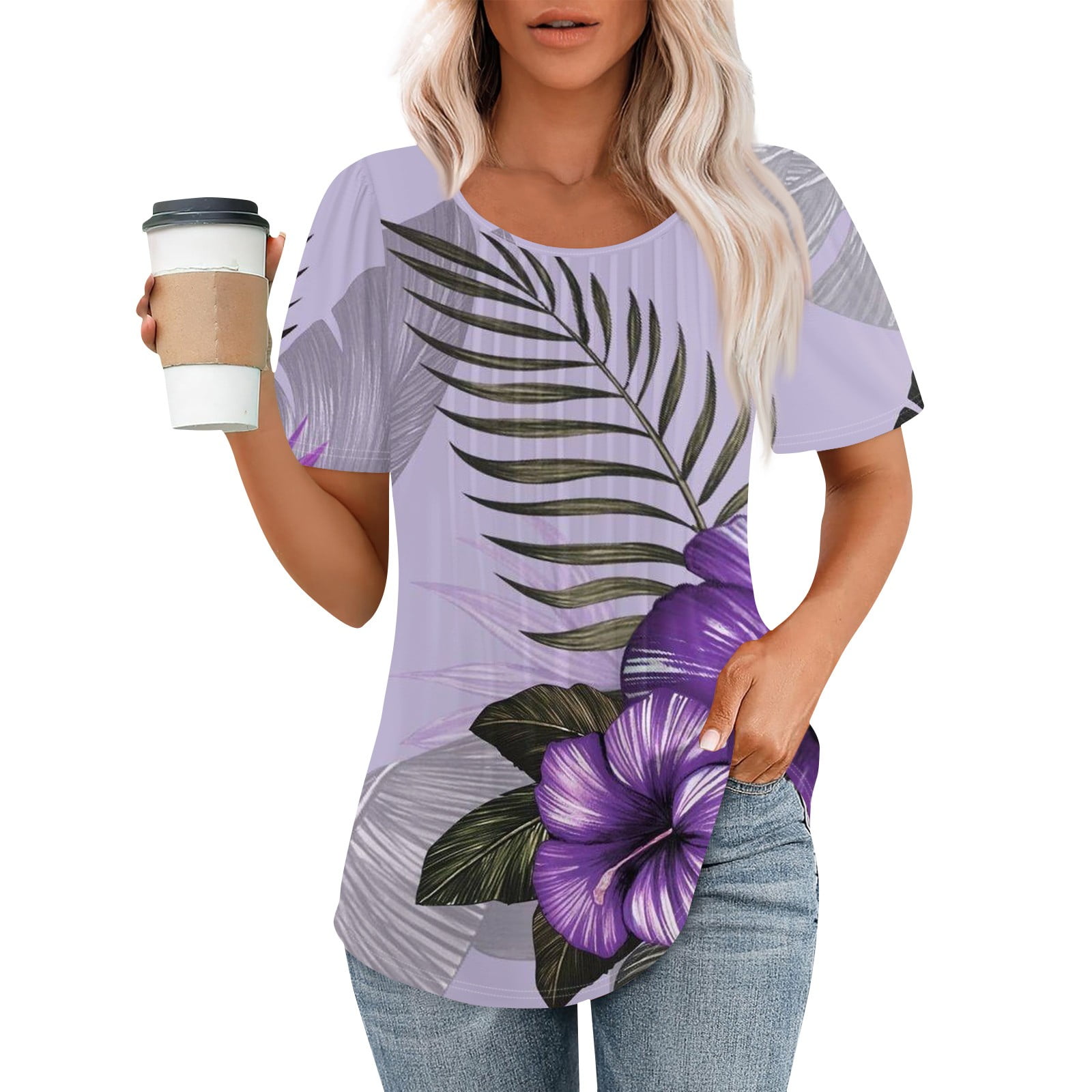 Knosfe Summer Tops for Women 2025 Vacation Tie Dye Pleated Shirts Round