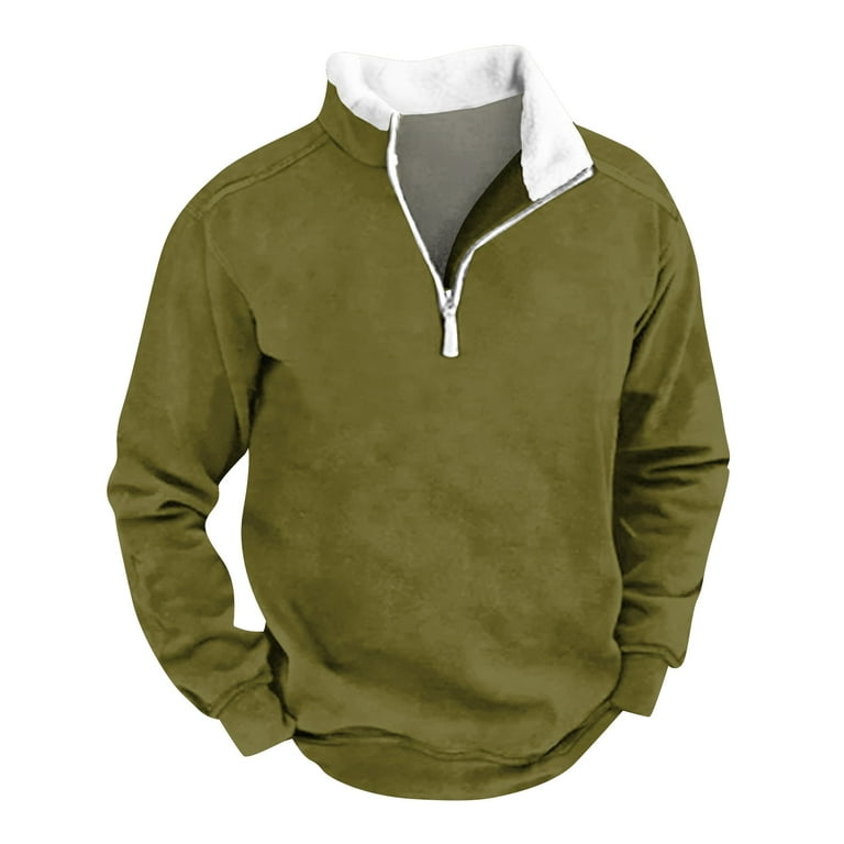 Knosfe Sweater Men Mock Neck Quarter Zip Lapel Collar Sweatshirt for Men  Long Sleeve 1/4 Zip Mens Pullover Polo Fleece Teen Shirts Army Green 4XL