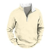 Knosfe Sweaters for Big Men Polo 1/4 Zip Mock Neck Mens Sweatshirts Long Sleeve Quarter Zip Fleece Pullover Sweater Lapel Collar Shirts for Men Beige L