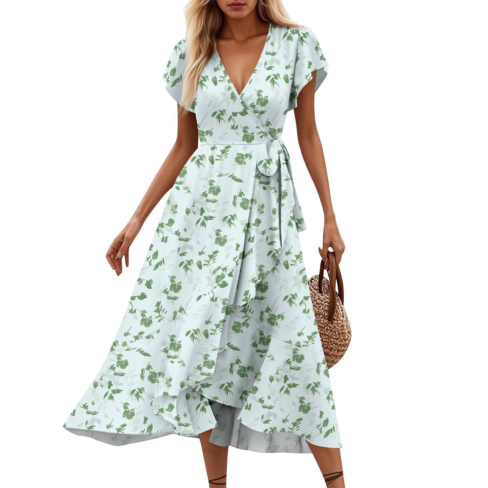Knosfe V Neck Floral Midi Dress for Women Tie Waist Ruffle Boho Cute — free download