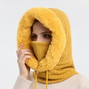 Knosfe Warm Plush Beanie Women Cold Weather Winter Fit Hat Face Mask Fitted Beanie with Scarf Yellow Free Size
