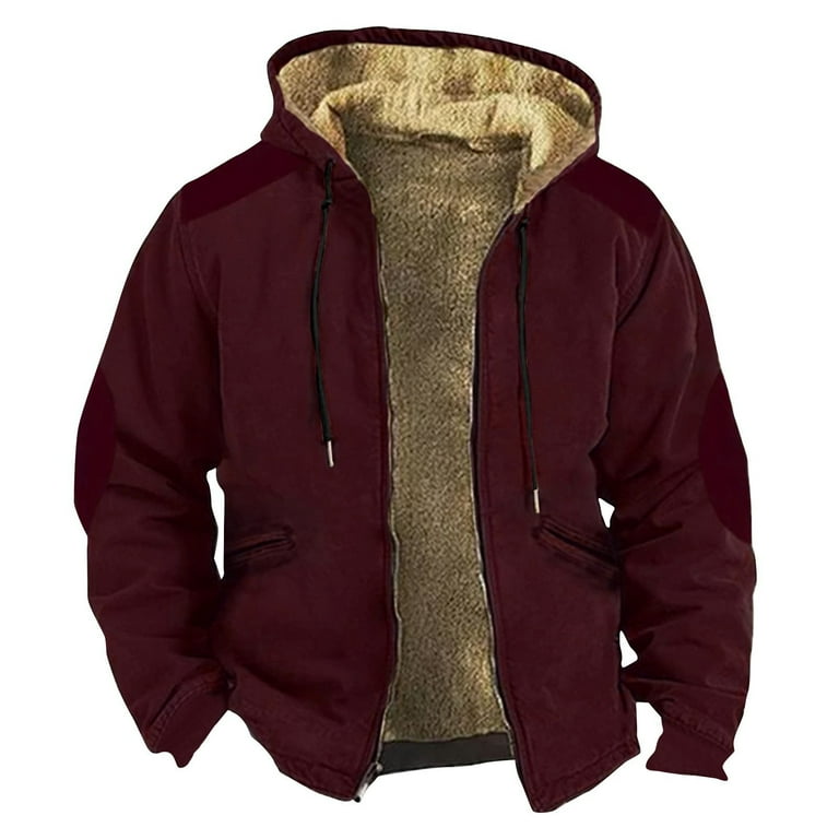 Knosfe Western Hoodies Sherpa Lined Hooded Full Zip Men s Jackets Long Sleeve Fleece Men Coats Casual Thermal Winter Vintage Thick Jacket Men Red 4XL Walmart