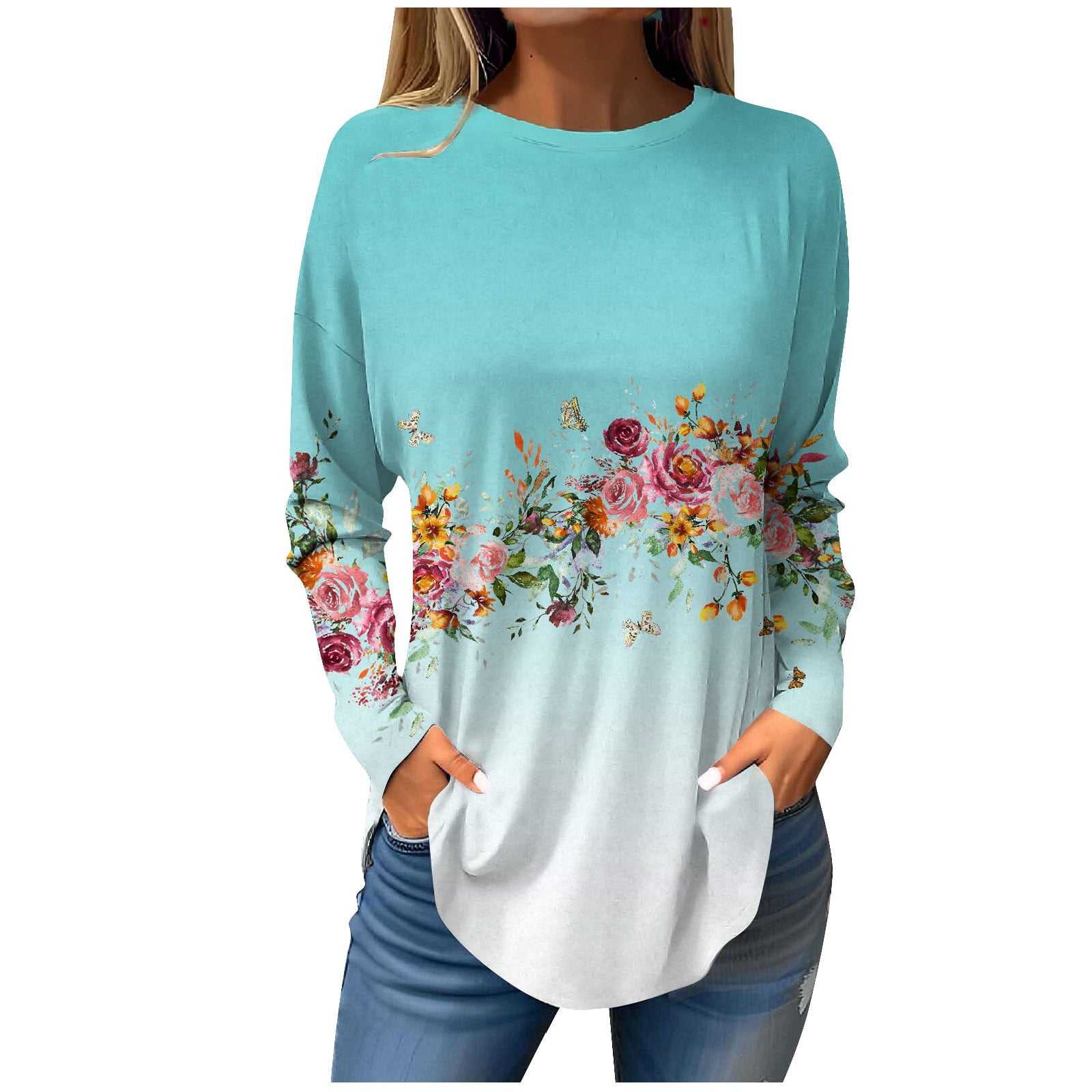 Knosfe Woman Tops Dressy Long Sleeve Floral Color Block Woman Shirts ...