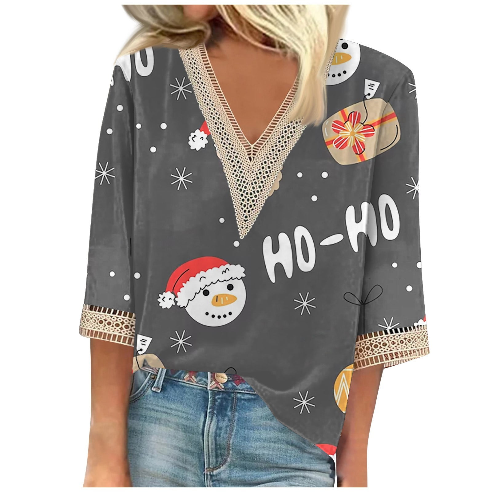 Knosfe Women Christmas Sweaters for Fall 3/4 Sleeve V Neck Snowman Plus  Size Shirts for Women Fall Lace Trim Casual Womens Petite Tops Xmas Trendy  Crochet Sweatshirt for Women Dark Gray 2XL 