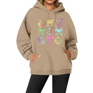 Knosfe Women Halloween Hoodies Funny Spooky Fashion Pullover Tops Fall Casual Long Sleeve Hooded Sweatshirts with Pockets Camel M