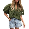 thumbnail image 1 of Knosfe Women's Eyelet Tops Puff Sleeve Tops Embroidered Dressy Casual White Blouse Hollow Out V Neck Top Button Down Shirts Army Green XL, 1 of 5