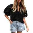 thumbnail image 1 of Knosfe Women's Eyelet Tops Puff Sleeve Tops Embroidered Dressy Casual White Blouse Hollow Out V Neck Top Button Down Shirts Black L, 1 of 5