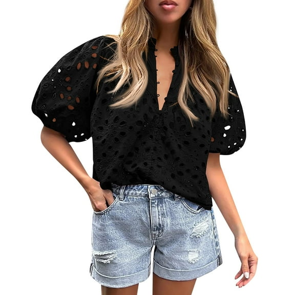 Knosfe Women's Eyelet Tops Puff Sleeve Tops Embroidered Dressy Casual White Blouse Hollow Out V Neck Top Button Down Shirts Black L
