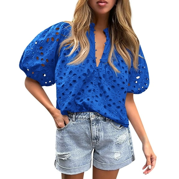 Knosfe Women's Eyelet Tops Puff Sleeve Tops Embroidered Dressy Casual White Blouse Hollow Out V Neck Top Button Down Shirts Blue XL