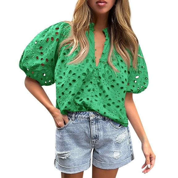 Knosfe Women's Eyelet Tops Puff Sleeve Tops Embroidered Dressy Casual White Blouse Hollow Out V Neck Top Button Down Shirts Green L