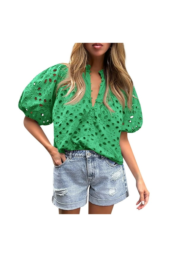 Women's Eyelet Tops Puff Sleeve Tops Embroidered Dressy Casual White Blouse Hollow Out V Neck Top Button Down Shirts Green XL