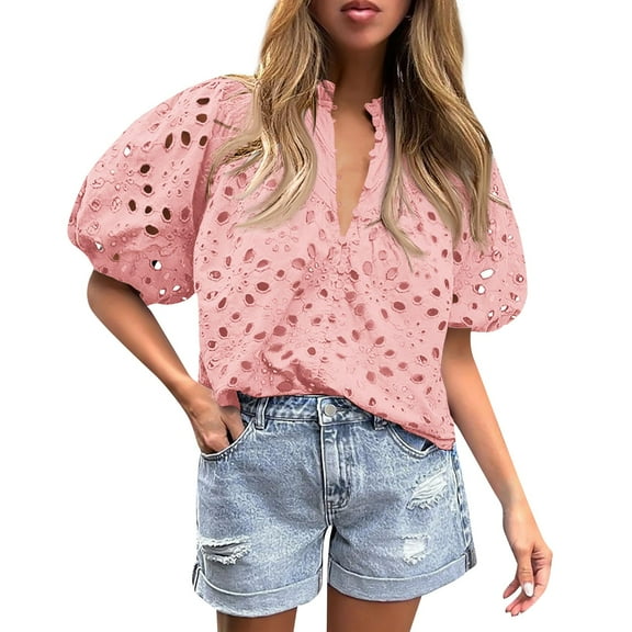 Knosfe Women's Eyelet Tops Puff Sleeve Tops Embroidered Dressy Casual White Blouse Hollow Out V Neck Top Button Down Shirts Pink M