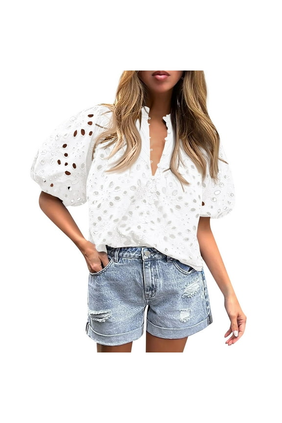 Women's Eyelet Tops Puff Sleeve Tops Embroidered Dressy Casual White Blouse Hollow Out V Neck Top Button Down Shirts White M