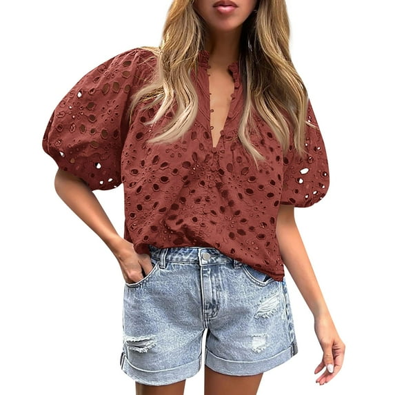 Knosfe Women's Eyelet Tops Puff Sleeve Tops Embroidered Dressy Casual White Blouse Hollow Out V Neck Top Button Down Shirts Wine L