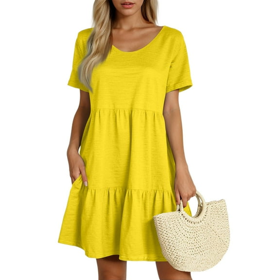 Knosfe Women's Summer T Shirts Dress 2025 Round Neck Short Sleeve Tiered Beach Vacation Mini Cake Sundress with Pockets Yellow L