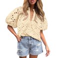 thumbnail image 1 of Knosfe Women's Summer Tops Dressy Casual Short Lantern Sleeve V Neck Buttons Hollow Out Lace Embroidered Blouses Shirts Beige S, 1 of 4