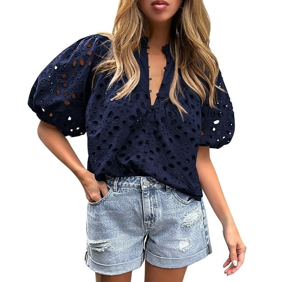 Knosfe Women's Summer Tops Dressy Casual Short Lantern Sleeve V Neck Buttons Hollow Out Lace Embroidered Blouses Shirts Dark Blue L