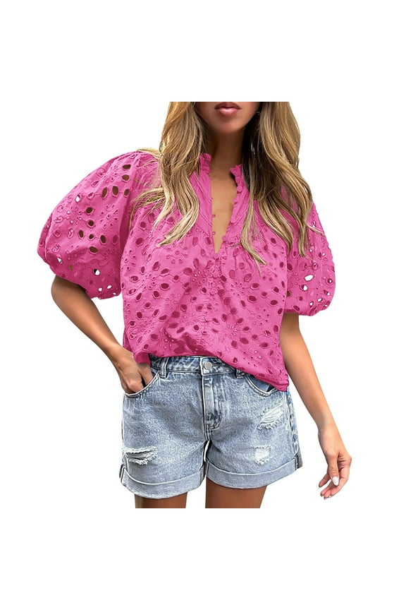 Women's Summer Tops Dressy Casual Short Lantern Sleeve V Neck Buttons Hollow Out Lace Embroidered Blouses Shirts Hot Pink S