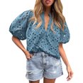 thumbnail image 1 of Knosfe Women's Summer Tops Dressy Casual Short Lantern Sleeve V Neck Buttons Hollow Out Lace Embroidered Blouses Shirts Navy L, 1 of 5