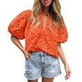 thumbnail image 1 of Knosfe Women's Summer Tops Dressy Casual Short Lantern Sleeve V Neck Buttons Hollow Out Lace Embroidered Blouses Shirts Orange S, 1 of 5