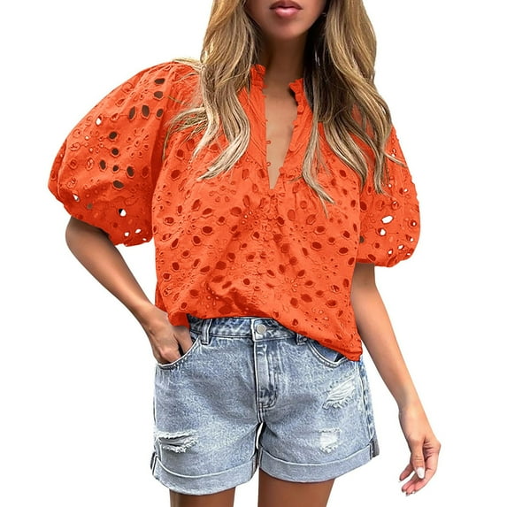 Knosfe Women's Summer Tops Dressy Casual Short Lantern Sleeve V Neck Buttons Hollow Out Lace Embroidered Blouses Shirts Orange S