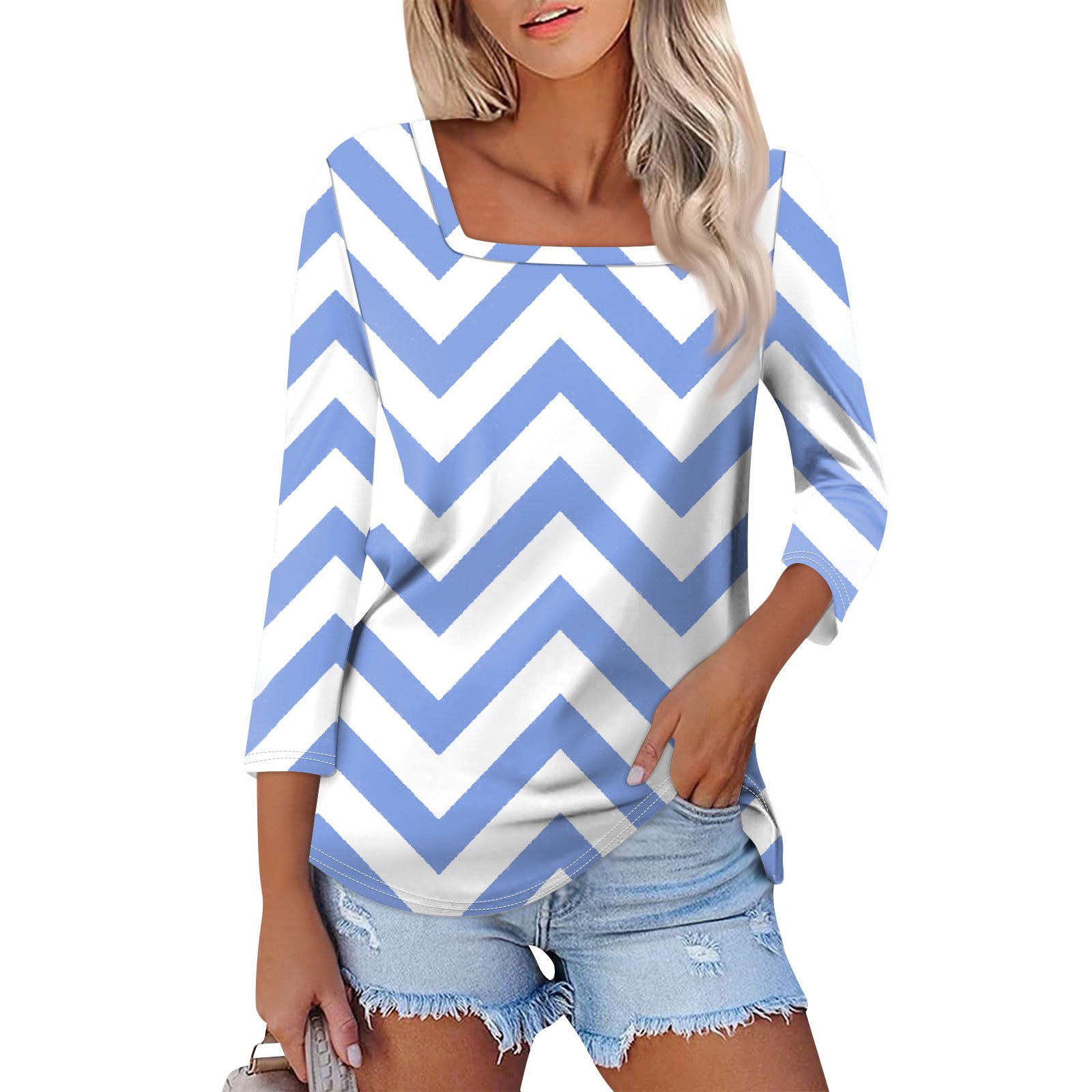 Knosfe Womens 3/4 Sleeve Tops Square Neck Striped Basic Tees Summer