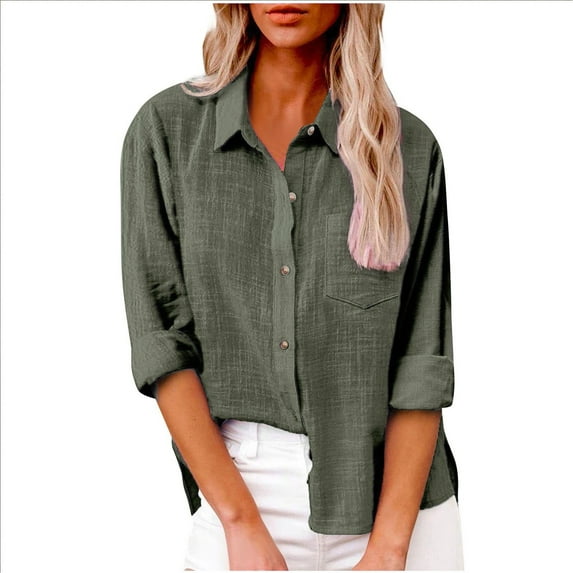 Knosfe Womens Cotton Button Shirt Clearance Casual Long Sleeve Loose Lapel Collared Linen Work Blouse Tops with Pocket Army Green M