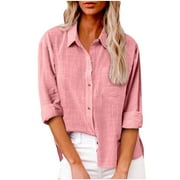 KNOSFE Womens Summer Tops Loose Fit Button Down Loose Casual Shirts for Women Cotton Linen Long Sleeve Ladies Dressy Tunic Tops Roll Up Women's Work Blouses for Office Clearance with Pocket Green 3XL